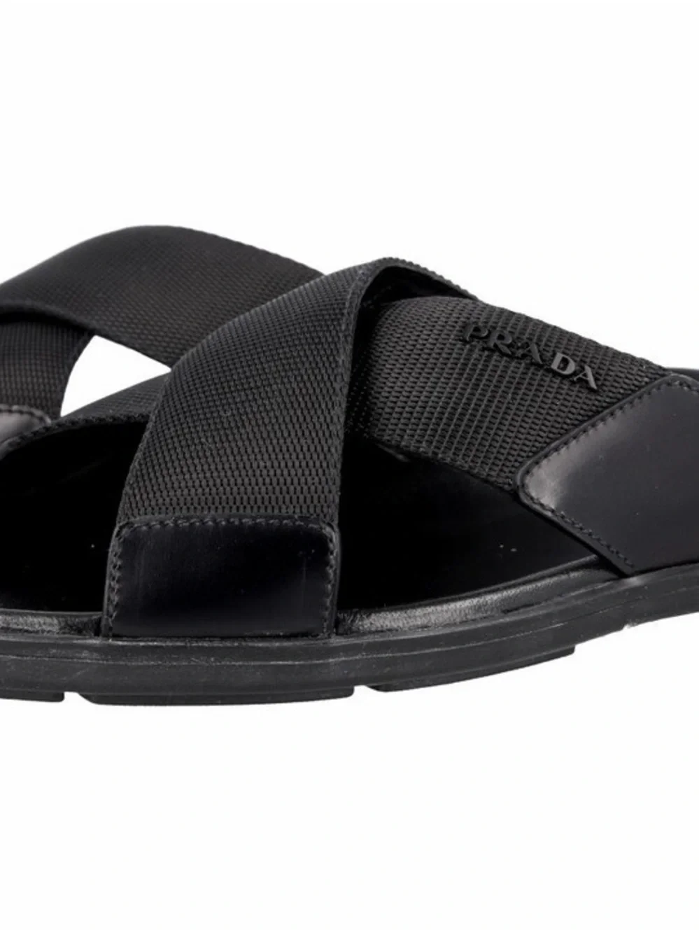 PRADA Men’s Leather Nylon Crisscross Slides Sandals